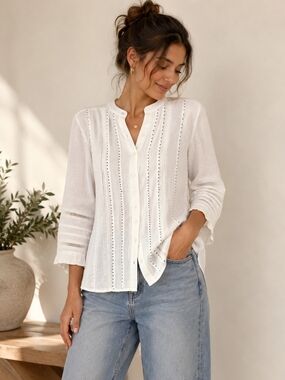 Linen White Button-Front Women’s Blouse